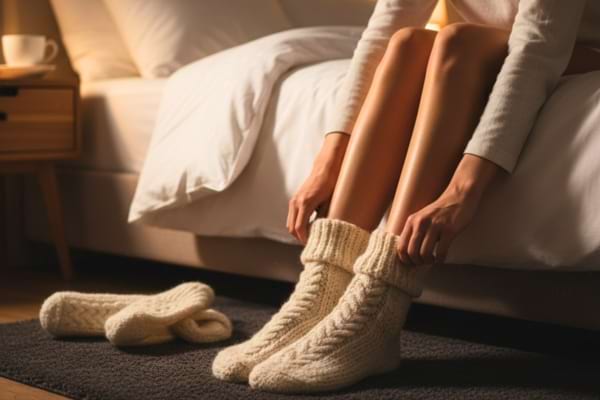 Une femme qui met des chaussettes aux pieds