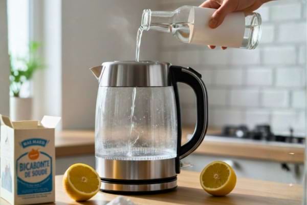Un détartrage de bouilloire fait avec des produits naturels