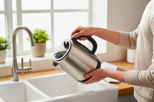 une femme versant de l'eau d'une bouilloire dans l'évier