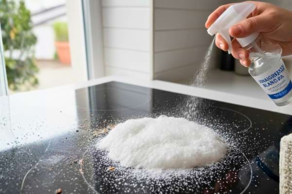 une personne qui nettoie sa plaque de cuisson avec du vinaigre blanc et du bicarbonate