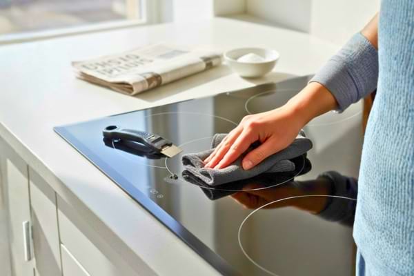 une personne qui nettoie sa plaque de cuisson avec un grattoir et un chiffon