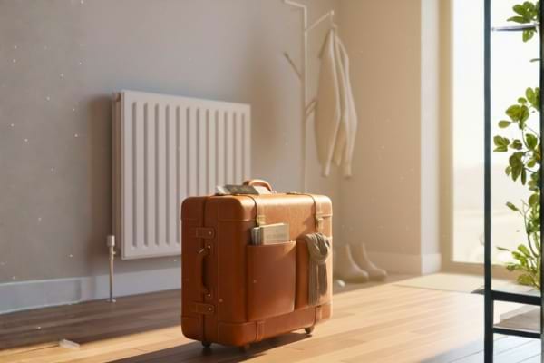 Une valise posée devant un radiateur symbolisant un départ en vacances
