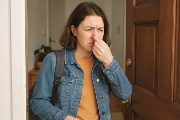 Une femme qui entre chez elle et qui sent une odeur de renfermé