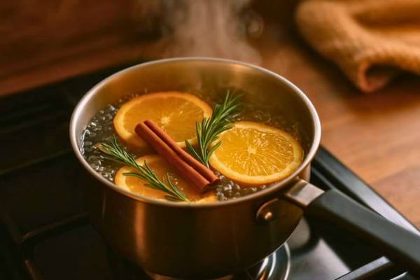 Une casserole qui fait mijoter des agrumes pour que ça sente bon