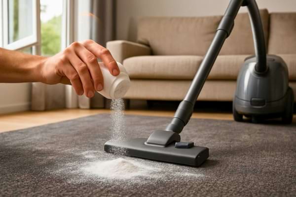 Du bicarbonate de soude saupoudré sur un tapis pour enlever les mauvaises odeurs