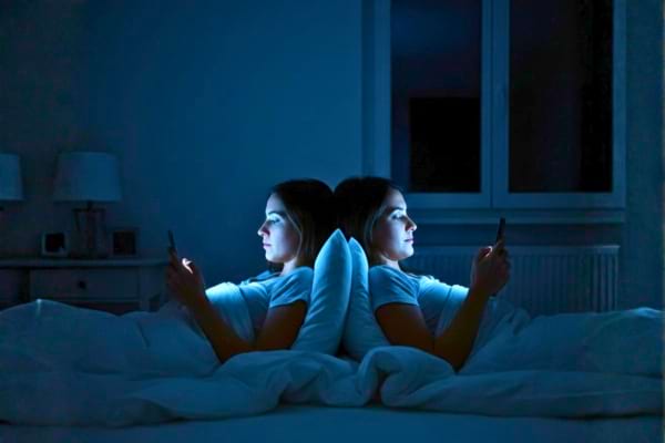 Une femme allongée dans son lit qui regarde son portable