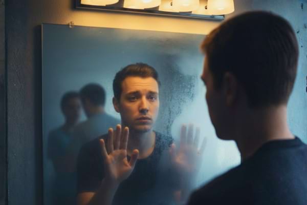 Un homme se regardant dans un miroir en rejetant son image qu'il n'aime pas