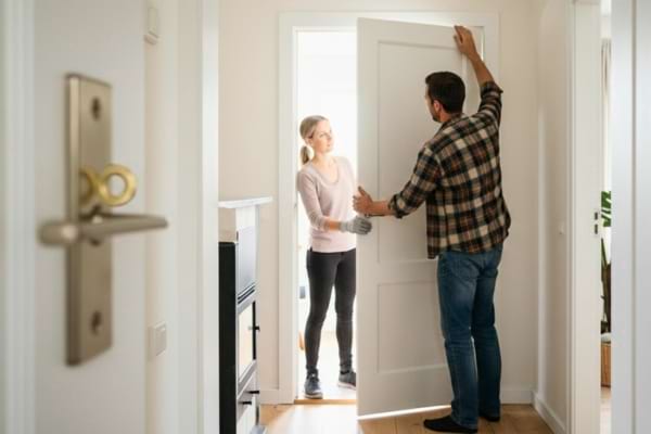 Un homme et une femme qui soulève une porte