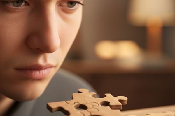 Une femme qui regarde un puzzle qui symbolise l'esprit cartésien