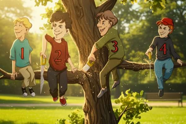 4 personnage sur des branches d'arbre qui scient la branche des autres