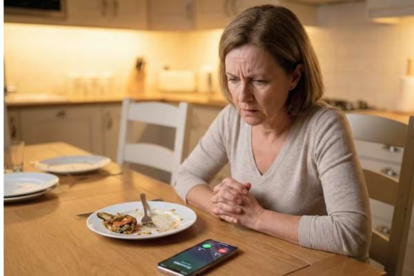 Une femme qui dine dérangée par un appel téléphonique d'un démarcheur