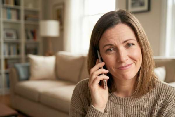 Une femme apaisée qui répond à un appel téléphonique d'un démarcheur
