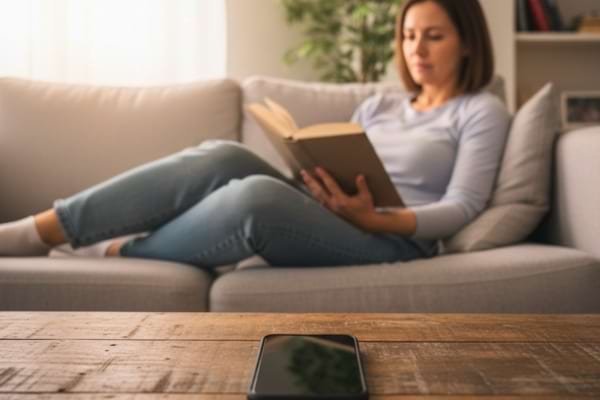 Un femme sur son sofa en train de lire et pas embêté par du démarchage téléphonique