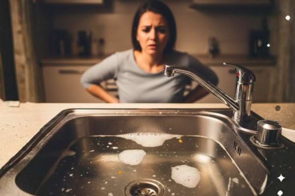 Une femme devant un évier bouché