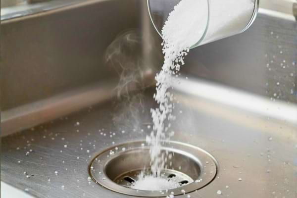 du gros sel versé dans un évier pour le déboucher