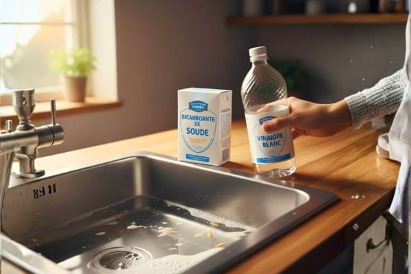 Du bicarbonate de soude et du vinaigre blanc pour déboucher un évier