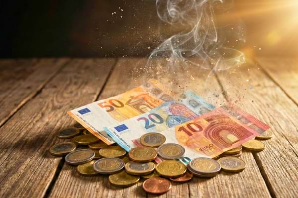 Des billets et des pièces avec de la fumée qui symbolise l'inflation