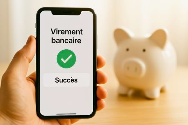 Un smartphone au côté d'une tirelire cochon qui indique un virement bancaire réussi