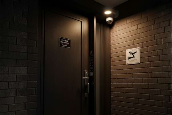 A modern, secure front door with a visible multi-point lock and a security camera