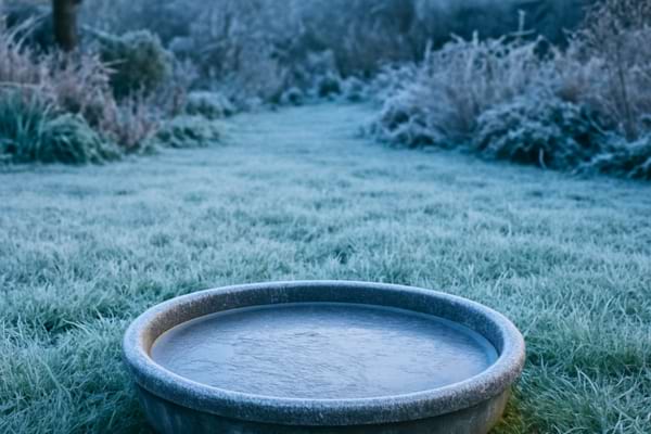 Un abreuvoir rempli d'eau gelée dans un jardin