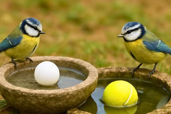 Comparaison visuelle : À gauche un petit abreuvoir en pierre pour oiseaux avec une balle de ping-pong blanche.