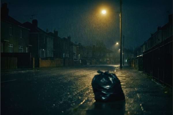 un sac poubelle noir abandonné sur le trottoir mouillé