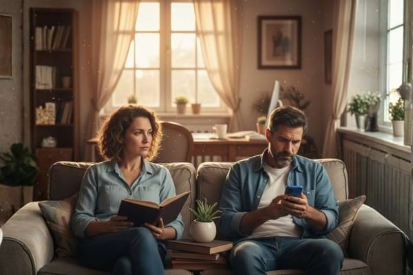 Un couple assis sur un canapé qui vaque à leurs occupations sans se soucier de l'autre