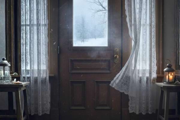 une porte ancienne avec un léger courant d’air visible, rideaux qui bougent