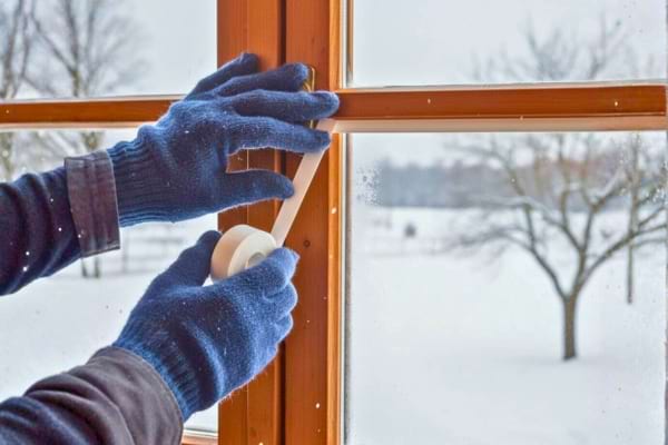 photo réaliste d’une main posant un joint isolant sur une fenêtre