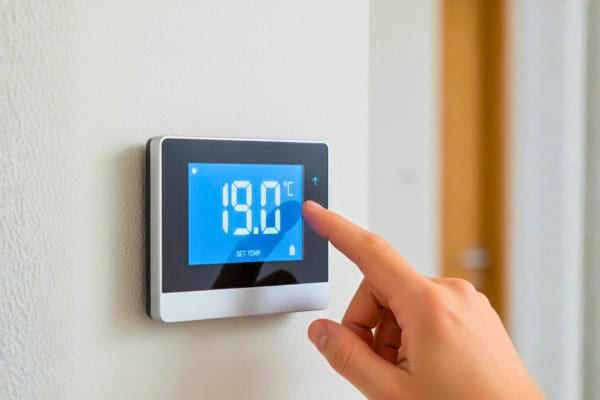 photo réaliste d’un thermostat digital affichant 19°C