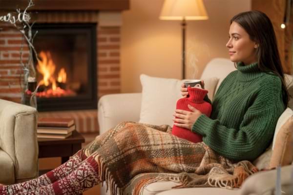 photo réaliste d’une personne sur un canapé, vêtue d’un pull épais