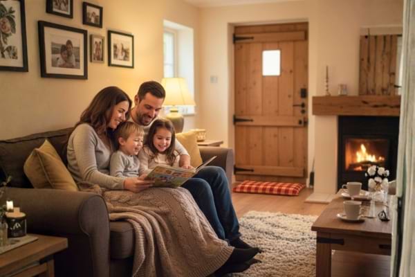 photo réaliste d’une famille réunie dans un salon chaleureux, tapis, plaid,