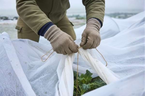 Photo réelle de mains attachant une voile d’hivernage avec de la ficelle autour d’un jeune plant