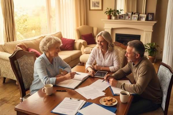Un couple de seniors discute avec leurs enfants autour d&rsquo;une table,