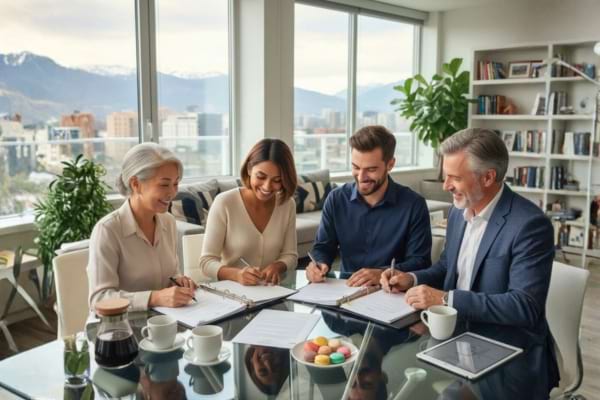 Deux g&eacute;n&eacute;rations signent des papiers ensemble, sourire aux l&egrave;vres