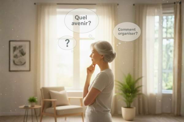 Une personne r&eacute;fl&eacute;chit devant une fen&ecirc;tre, avec trois bulles de questions