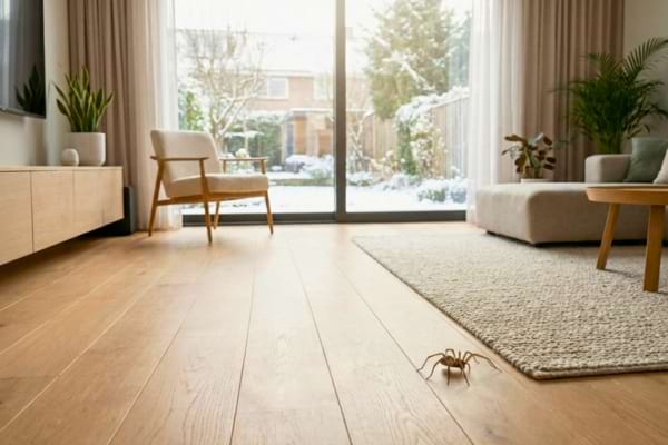 photo réaliste d’une araignée tégénaire marchant sur le parquet d’un salon moderne