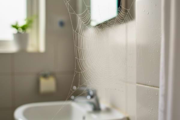 photo réaliste d’une toile d’araignée bien visible dans un coin de salle de bain,