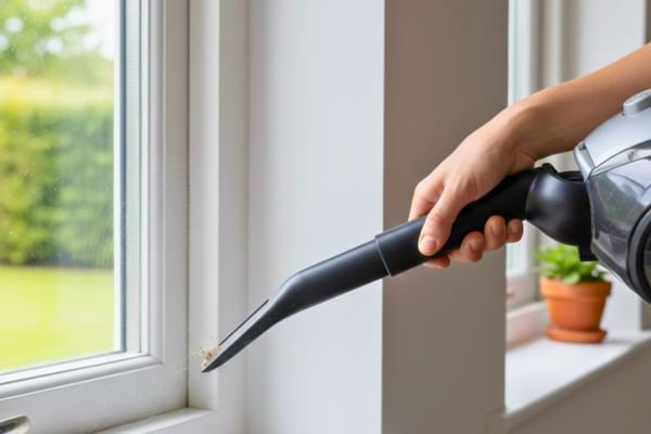 photo réaliste d’une main aspirant une toile d’araignée dans un coin de fenêtre