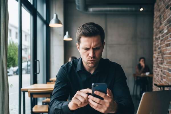 Un homme assis seul dans un café moderne, regardant son téléphone avec une expression de frustration