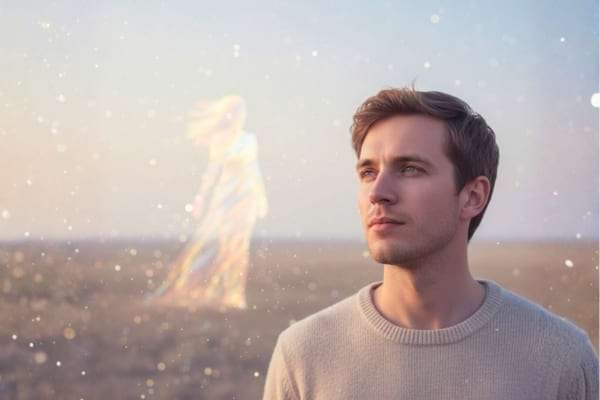 Vue artistique d'un homme regardant une silhouette de femme floue et lumineuse au loin,