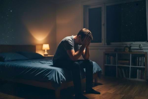n homme assis au bord d'un lit dans une chambre sombre, la tête entre les mains