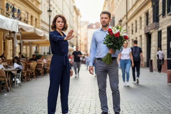 Une femme faisant un geste clair de "stop" avec la main face à un homme qui tente de s'approcher