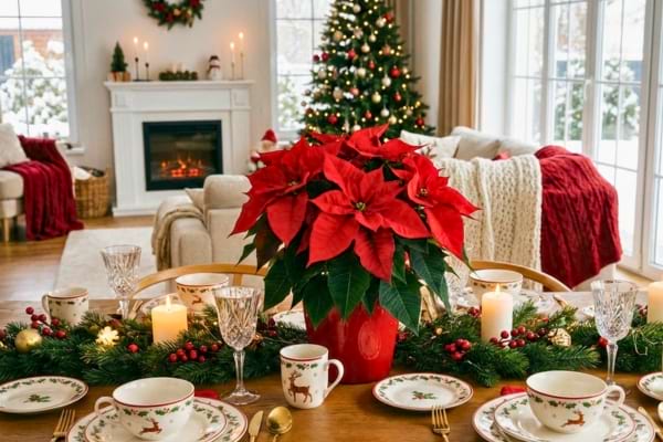 Une plante de No&euml;l rouge vif pos&eacute;e au centre d&rsquo;une table d&eacute;cor&eacute;e