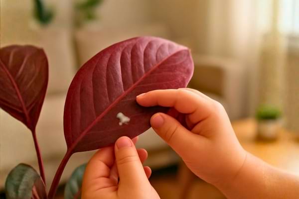 Gros plan sur des mains d&rsquo;enfant touchant une feuille rouge de plante, avec un peu de s&egrave;ve blanche visible