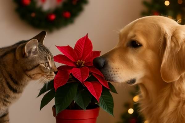Un chat et un chien reniflant une plante rouge de No&euml;l sur une &eacute;tag&egrave;re,