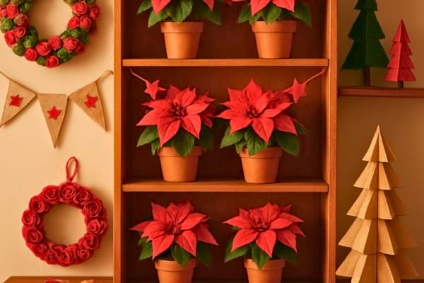 Une &eacute;tag&egrave;re haute avec plusieurs plantes de No&euml;l rouges,