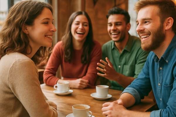 Femme assise dans un caf&eacute;, entour&eacute;e d&rsquo;amis, son corps l&eacute;g&egrave;rement tourn&eacute; vers un homme