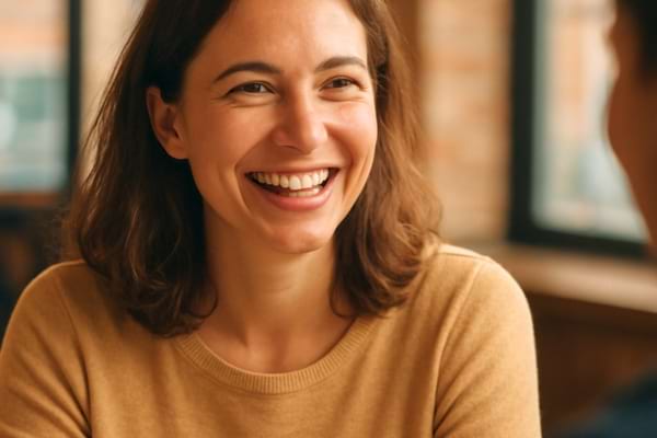 Femme souriante dans une conversation, visage lumineux,