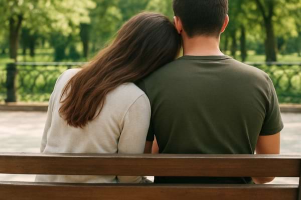 Deux personnes assises c&ocirc;te &agrave; c&ocirc;te sur un banc, la femme se penche l&eacute;g&egrave;rement vers l&rsquo;homme